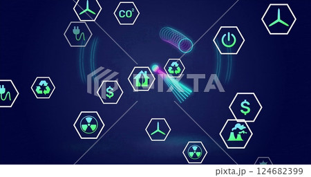 Sustainable energy and recycling icons image over dark blue background 124682399