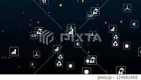 Environmental icons and sustainability concepts image over dark background with glowing dots 124682408