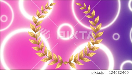 Golden laurel wreath image over pink and purple background with glowing circles 124682409