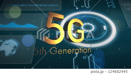 5G 5th Generation text image over digital circuit board background 124682445