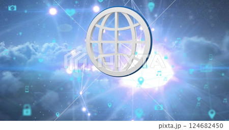 Globe icon with network symbols image over digital cloud background 124682450