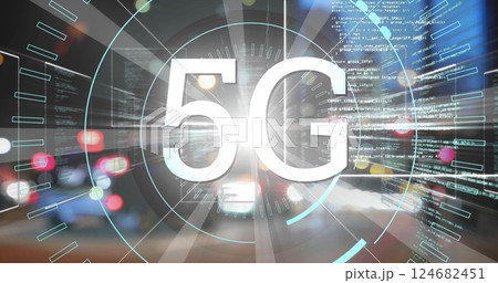 5G technology image over blurred city lights and data streams 124682451