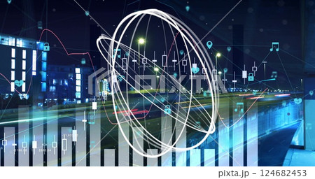 Data processing and network connections image over cityscape at night 124682453