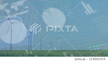 Wind turbines in field with financial data and charts image over sky Wind turbines in field with financial data and charts image over sky 124682454