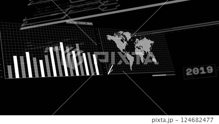 Image of data processing and diagrams on black background 124682477