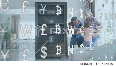 Currency symbols image over family hugging in living room Currency symbols image over family hugging in living room 124682510