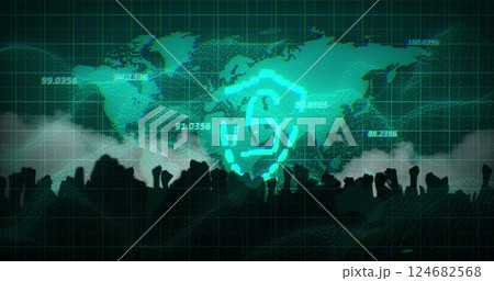 Cybersecurity shield image over world map and crowd of people 124682568