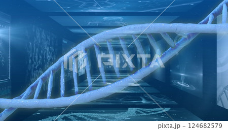 DNA strand and scientific data processing image over digital screens 124682579