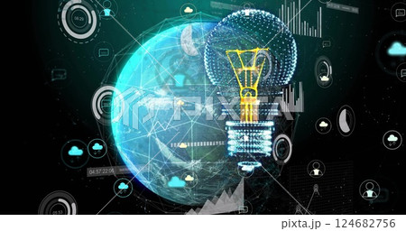Image of digital innovation concept with glowing light bulb and global network connections Image of digital innovation concept with glowing light bulb and global network connections 124682756