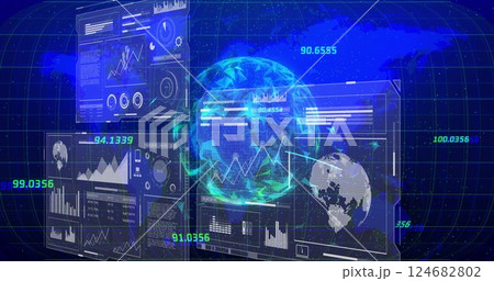 Digital data analytics and global network image over financial graphs and charts 124682802