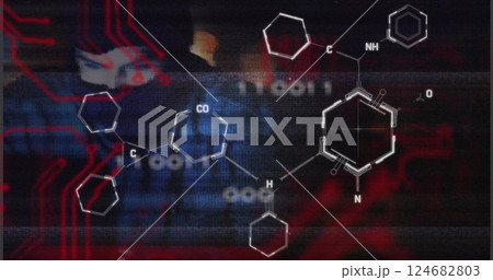 Chemical structures and molecular formulas image over blurred background with red circuitry Chemical structures and molecular formulas image over blurred background with red circuitry 124682803