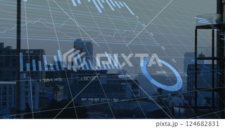 Financial data charts and graphs image over cityscape 124682831