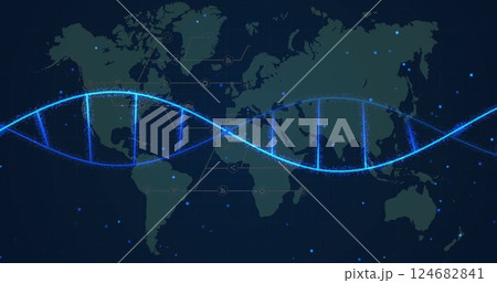 DNA strand image over world map with data points DNA strand image over world map with data points 124682841