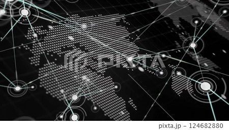 Image of data processing over network and pixel globe on black background 124682880