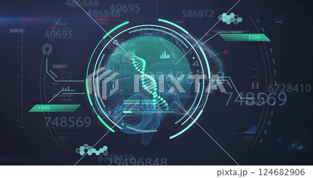 Image of dna and scanner over network and processing data 124682906