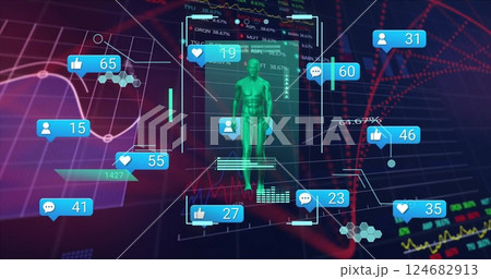 Image of social media notifications over walking figure on interface and processing data Image of social media notifications over walking figure on interface and processing data 124682913