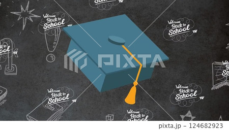 Image of graduation mortarboard over welcome back to school text on black chalkboard Image of graduation mortarboard over welcome back to school text on black chalkboard 124682923