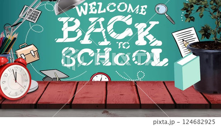 Image of falling books over welcome back to school text on green chalkboard background Image of falling books over welcome back to school text on green chalkboard background 124682925