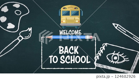 Image of welcome back to school text, yellow school bus and school equipment on black chalkboard 124682926