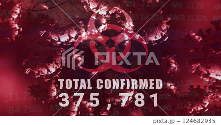 Image of biohazard sign and data processing over virus cells Image of biohazard sign and data processing over virus cells 124682935