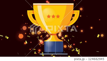 Image of gold confetti and orange light spots over golden trophy on black background Image of gold confetti and orange light spots over golden trophy on black background 124682945