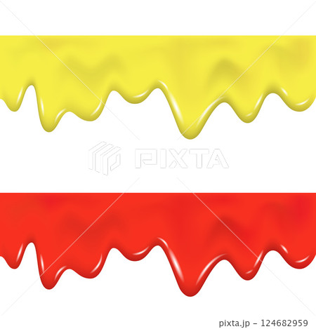 Realistic red, yellow drip cream drops, marmalade, jelly, slime. 124682959