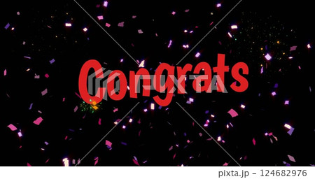 Image of congrats text in red and falling confetti on black background 124682976