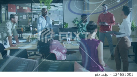 Image of scope and data processing over diverse business people in office 124683003