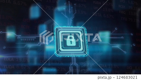 Image of padlock icon and motherboard network over data processing on dark background 124683021