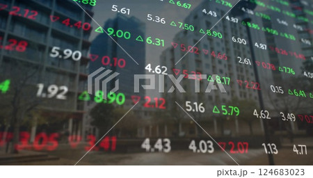 Image of financial data processing over city buildings 124683023