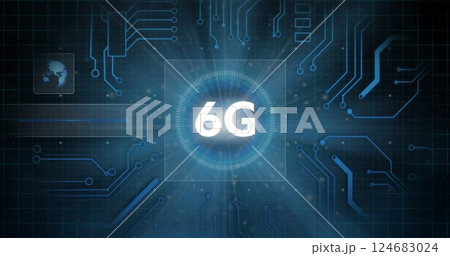 Image of 6g text and light over motherboard network on dark background 124683024