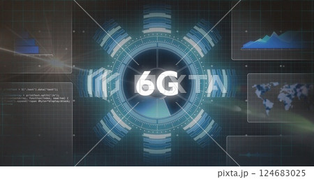 Image of 6g text over scanner and charts processing data on dark background 124683025