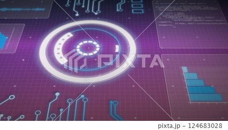 Image of circular scanner, light and charts processing data on dark purple background Image of circular scanner, light and charts processing data on dark purple background 124683028