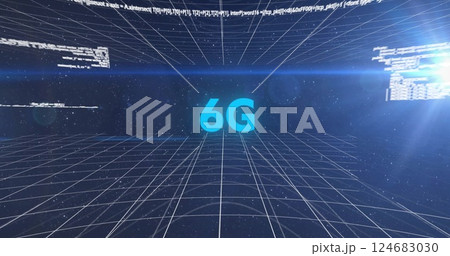 Image of 6g text, light, scanner and processing data on dark background Image of 6g text, light, scanner and processing data on dark background 124683030