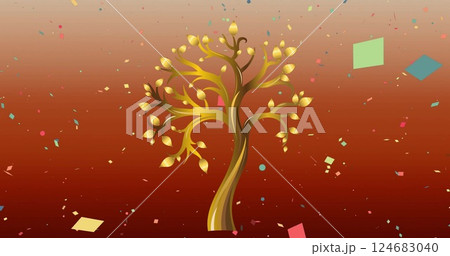 Image of confetti over tree on red background 124683040