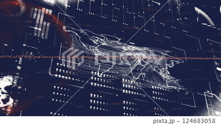 Image of world map and digital data processing over dark background 124683058