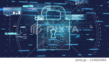 Image of padlock and digital data processing over dark background 124683060