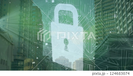 Image of data processing with padlock icon and computer circuit board over cityscape Image of data processing with padlock icon and computer circuit board over cityscape 124683074