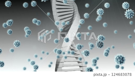 Image of virus cells and dna strand over white background 124683078