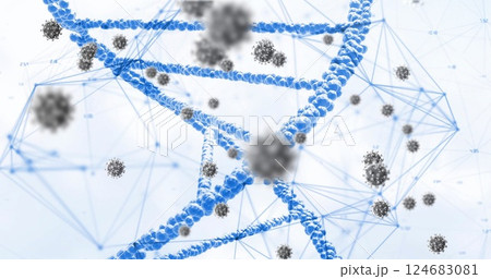 Image of virus cells and dna strand over white background 124683081