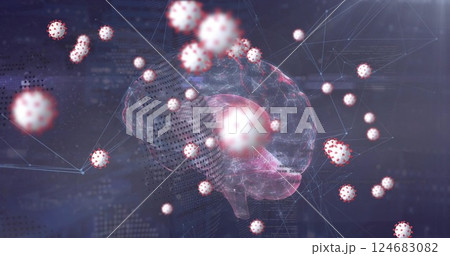 Image of virus cells and globe over spinning brain 124683082