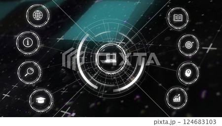 Image of network of connections over digital icons on black background 124683103