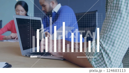 Image of data processing over diverse colleagues working in office 124683113