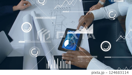Image of data processing over diverse colleagues having meeting in office 124683114