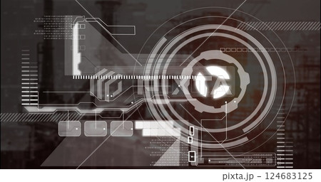 Image of data processing and scope scanning over cityscape background 124683125
