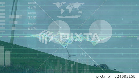 Image of financial data processing over wind turbines Image of financial data processing over wind turbines 124683159