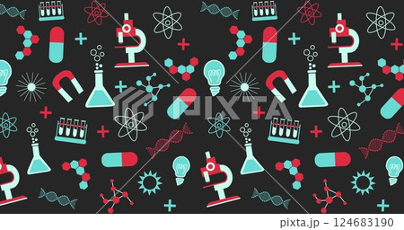 Image of science items icons on black background Image of science items icons on black background 124683190