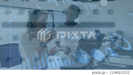 Image of data processing over diverse business people talking in office Image of data processing over diverse business people talking in office 124683232