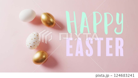Image of happy easter text over white and gold eggs on pink background 124683241