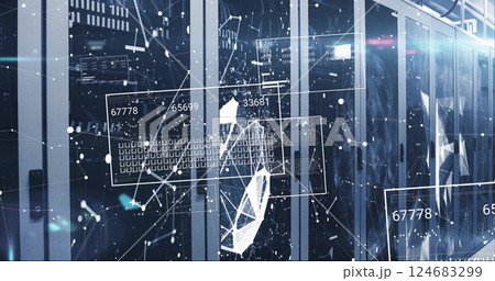 Image of data processing over shapes and server room 124683299